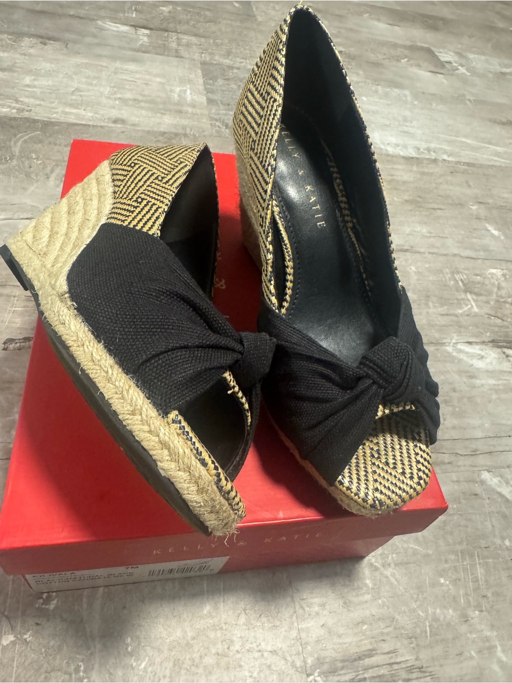 BNIB Kelly & Katie Ivala Black Woven Espadrille Wedge Peep-Toe Sandal 7